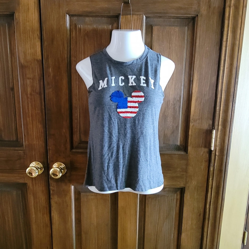 Disney Mickey Sleeveless Gray Tee with Reversible Sequence Sz XS P2P 16.5 L 16.5